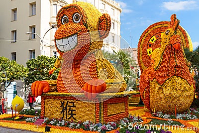 Menton, France- February20: Lemon Festival (Fete du Citron) on the French Riviera. The theme for 2015: Tribulations of a lemon in Editorial Stock Photo