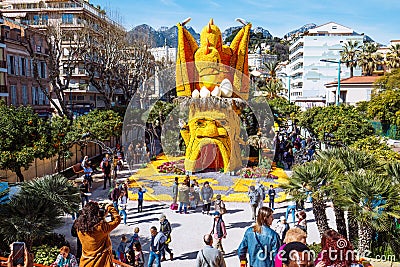 Menton Lemon Festival 2019, Art made of lemons and oranges. Fantastic Worlds Theme Editorial Stock Photo