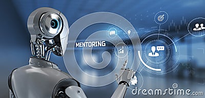 Mentoring Coaching Business Training Personal development. Robot pressing button on virtual screen. 3d render Stock Photo