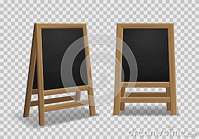 Menu announcement board. Realistic black wooden easel, sidewalk stand, restaurant board different angles for street menu Vector Illustration