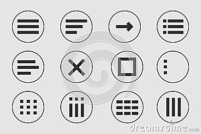 Menu for apps and web Hamburger Menu dropdown in circle. Set interface icons, popup bar, template. Application list Vector Illustration