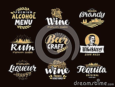 Menu bar, icons set. Labels of alcoholic drinks Vector Illustration