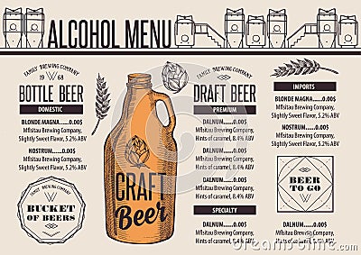 Menu beer restaurant, alcohol template placemat. Vector Illustration