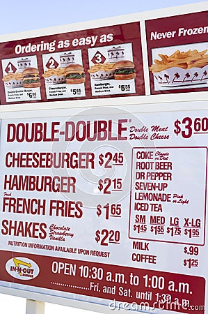 Menu board In-N-Out Editorial Stock Photo