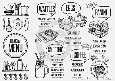 Menu breakfast restaurant, food template placemat. Vector Illustration