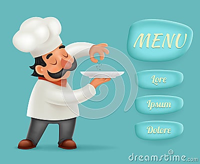 Menu Buttons Interface Chef Cook Serving Food 3d Realistic Cartoon Character Design Vector Illustrator Vector Illustration
