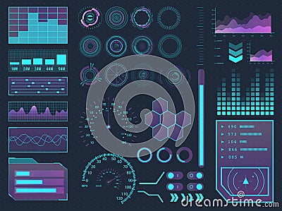 HUD elements sci-fi science futuristic user interface. Menu buttons, virtual reality, infographic vector illustration. Vector Illustration