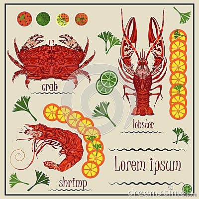 Menu cancer, shrimp, crab, lemon Vector Illustration