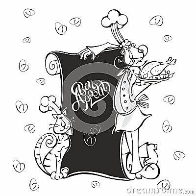 Menu. Chef and cat cook in cartoon style. Chalk on the menu Board. Bon appetit. Lettering. For children. Vector illustration. Cartoon Illustration