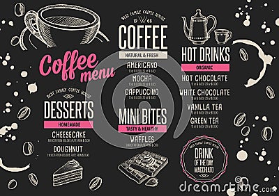 Menu coffee restaurant, beverage template placemat. Vector Illustration