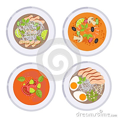 Menu concept. Collection of different soups. Vector illustration Cartoon Illustration