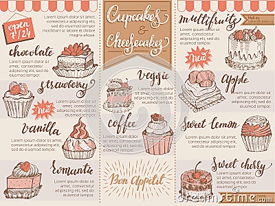 Menu dessert vector cafe design sweet food template chocolate cupcake biscuit and cheesecake in restaurant illustration Vector Illustration