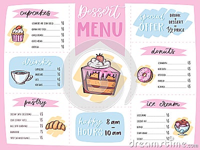 Menu dessert vector cafe design sweet food template chocolate cupcake and ice cream on restaurant poster illustration Vector Illustration