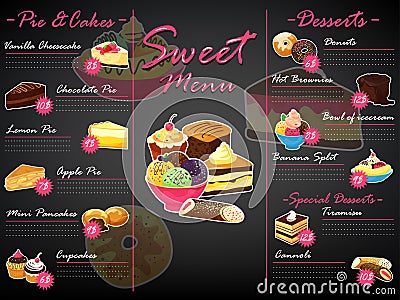 Menu dessert vector sweet food template chocolate cupcake and ice cream on restaurant poster illustration set of muffin Vector Illustration