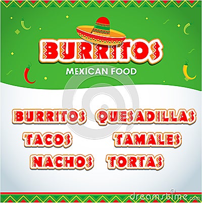 Menu elements for mexican restaurant. Mexican food flyer, brochure template. Burritos, tacos nachos, quesadilla, tamales. Vector Illustration