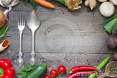 Menu food culinary frame concept on vintage wooden background Stock Photo