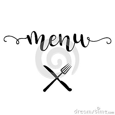 `Menu` hand drawn vector lettering with crossed ford and knife silhouettes. Vector Illustration