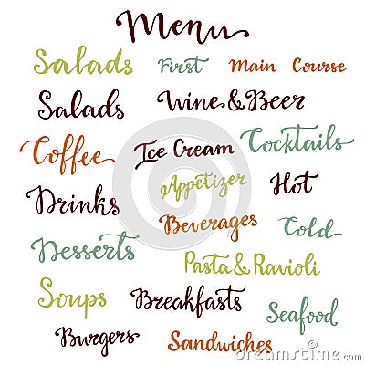 Menu lettering set. Desserts, starters, drinks, breakfasts, cocktails and other words collection. Vector calligraphy Vector Illustration