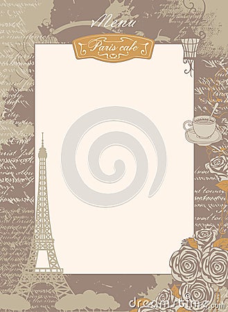 Menu list with Eiffel Tower and roses Vector Illustration