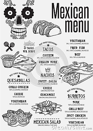 Menu mexican restaurant, template placemat. Vector Illustration