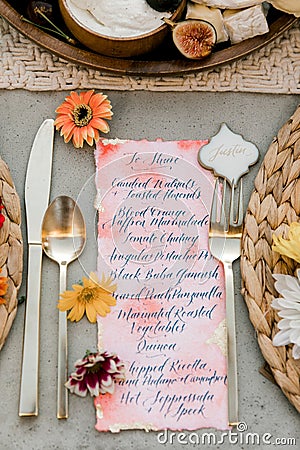 A calligraphed dinner menu card Stock Photo