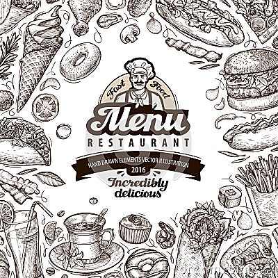 Menu restaurant, cafe template design. sketch food Vector Illustration