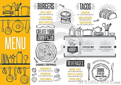 Menu restaurant, food template placemat. Vector Illustration