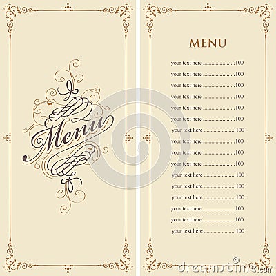 Menu for the restaurant in retro Baroque style Vector Illustration