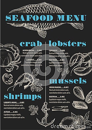 Menu seafood restaurant, food template placemat. Vector Illustration