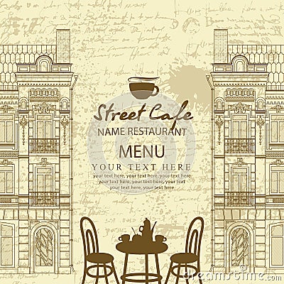 Menu for sidewalk cafe with table and architecture Vector Illustration