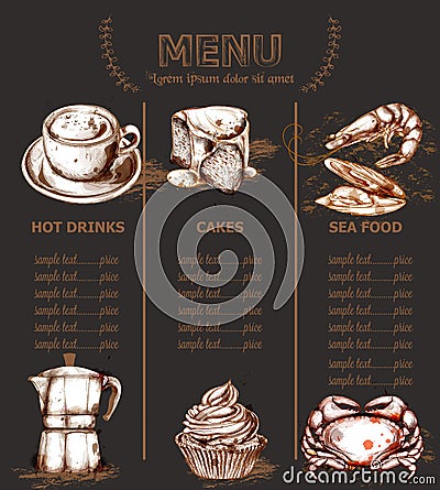 Menu template drinks, cakes and seafood Vector. Fresh coffee, cupcakes, lobesters design line art Vector Illustration