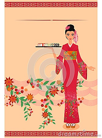Menu template with young japanese girl Vector Illustration