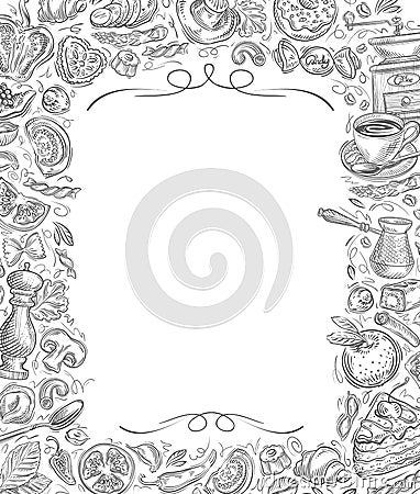 Menu. Vector sketches drawn food and drinks on white background Vector Illustration