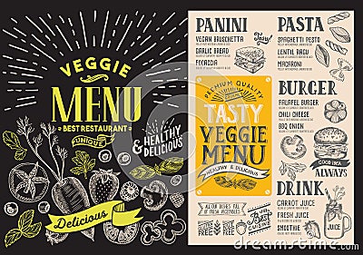 Menu for vegetarian restaurant. Vector food flyer for bar and ca Vector Illustration