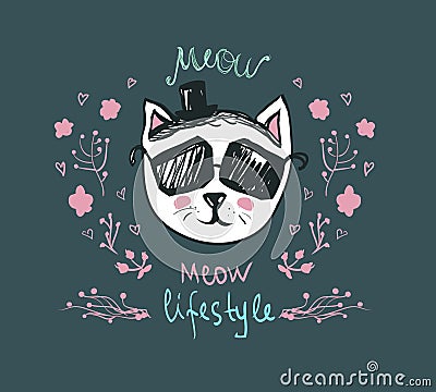 Meow lifestyle - Doodle Kitty. Cute fashion cat in sunglasses - vector postcard. Funny pets character. Trendy hipster skeych Vector Illustration