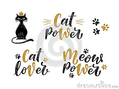 Meow power, cat lover, cat power handwritten textured sign with princess cat Vector Illustration