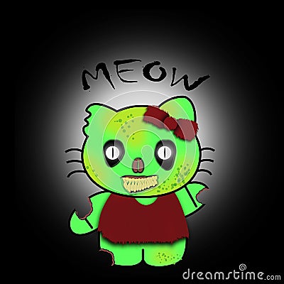 Meow. Zombie green kitty Cartoon Illustration