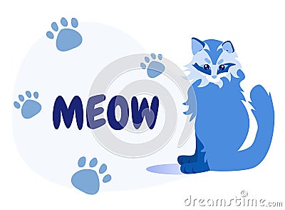 Meowing Fluffy Cartoon Kitten and Paws Traces Vector Illustration