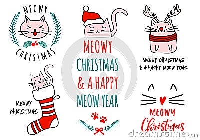 Meowy Christmas with cute cats, vector set Vector Illustration