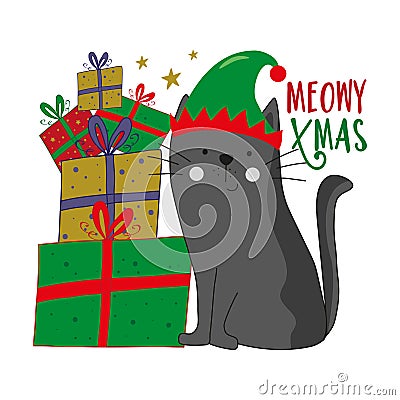 Meowy Christmas - funny greeting with cute cat in ELF hat and Christmas presents. Vector Illustration