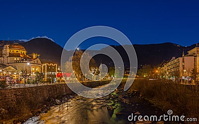 Meran Merano in South Tyrol, Italy, during the Christmas with christmans market by night . Beautiful light and great atmosphere Stock Photo