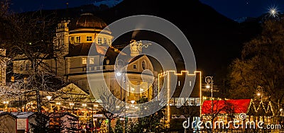 Meran Merano in South Tyrol, Italy, during the Christmas with christmans market by night . Beautiful light and great atmosphere Stock Photo