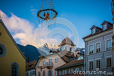 Meran Merano in South Tyrol, Italy, during the Christmas with christmans market by night . Beautiful light and great atmosphere Stock Photo