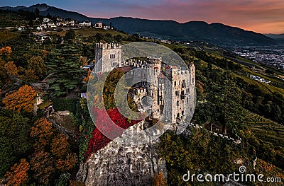 Merano, Italy - Aerial panoramic view of the famous Castle Brunnenburg Castel Tirolo with the city of Merano in the Dolomites Stock Photo