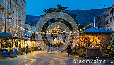 Merano Christmas market in the evening, Trentino Alto Adige, northern Italy. Editorial Stock Photo