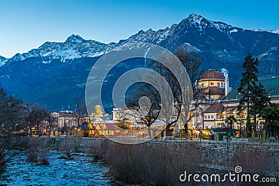 Merano Christmas market in the evening, Trentino Alto Adige, northern Italy. Stock Photo