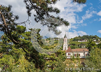 Merano in South Tyrol, a beautiful city of Trentino Alto Adige, Autumn view of the Cathedral of Meran. Italy. Stock Photo