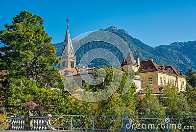 Merano in South Tyrol, a beautiful city of Trentino Alto Adige, View on the famous promenade along the Passirio river. Italy. Stock Photo