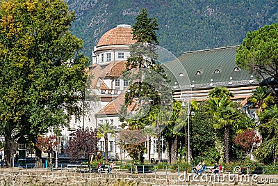 Merano in South Tyrol, a beautiful city of Trentino Alto Adige, View on the famous promenade along the Passirio river. Italy. Editorial Stock Photo