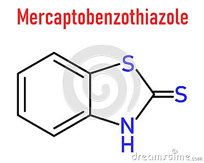 Mercaptobenzothiazole or MBT skin sensitizer molecule skeletal chemical formula. Used as rubber vulcanising agent. Vector Illustration
